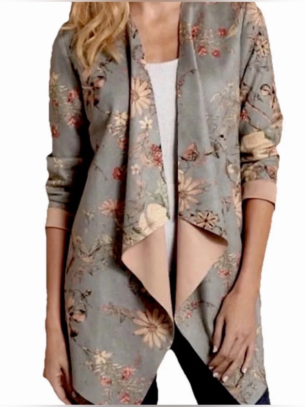 Soft Surroundings Floral Faux Suede Draped Open Front Jacket Cardigan